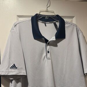adidas Men’s White Polo with Navy Micro Stripes and Navy Collar